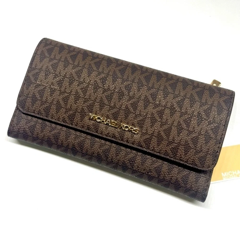 Michael Kors Large Jet Set Travel Trifold Wallet Brown Signature